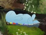  afloat animal_focus commentary fine_art_parody flower flower_on_liquid lying no_humans on_back ophelia_(painting) outdoors parody partially_submerged pic_koiwai pokemon pokemon_(creature) quagsire smile solo water 