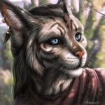  2022 acidambient anthro bethesda_softworks blue_eyes blurred_background clothing digital_media_(artwork) ear_piercing ear_ring felid feline felis female fur headshot_portrait khajiit looking_away mammal piercing portrait pupils ring_piercing simple_background slit_pupils solo the_elder_scrolls video_games watermark whiskers 