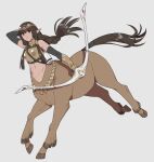  1girl arm_up armor bangs bare_shoulders black_gloves bodystocking bow_(weapon) braid braided_ponytail breastplate breasts brown_hair centaur circlet closed_mouth collar commentary_request cowboy_shot elbow_gloves fingerless_gloves floating_hair gauntlets gloves grey_background highres holding holding_bow_(weapon) holding_weapon horse_tail kizuta_(barometz) long_hair looking_at_viewer monster_girl multiple_legs navel original partial_commentary pointy_ears quiver red_eyes running sidelocks simple_background solo stomach tail taur weapon 
