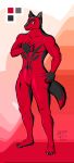  abstract_background absurd_res anthro black_body black_fur canid canine canis claws dark_body dark_fur dipstick_tail fur gloves_(marking) hi_res looking_at_viewer male mammal markings muscular ne0n_lewd nude red_body red_eyes red_fur smile solo standing tail_markings wolf 