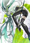  1girl aqua_eyes boots flag from_below gloves green_hair hatsune_miku headgear highres holding holding_flag long_hair nik_ibi racing_miku racing_miku_(2022) solo thigh_boots twintails very_long_hair vocaloid 