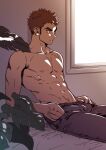  1boy abs biceps black_pants brown_hair copyright_request cowboy_shot leaf male_focus muscular muscular_male nipples pants pectorals plant short_hair sitting solo tirano_kim topless_male veins veiny_hands window 