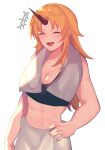 +++ 1girl :d abs bangs black_tank_top blonde_hair blush breasts cleavage closed_eyes english_commentary hand_on_hip highres horns hoshiguma_yuugi large_breasts laughing long_hair majime_joe muscular muscular_female navel open_mouth parted_bangs sharp_teeth simple_background single_horn smile solo tank_top teeth touhou towel towel_around_neck white_background 