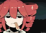  1girl alternate_costume artist_name black_eyes branchpuzzle breadstick cityscape double-parted_bangs drill_hair hair_between_eyes kasane_teto mouth_hold night night_sky outdoors portrait red_hair sky solo star_(sky) starry_sky straight-on twin_drills utau 