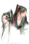  2boys alternate_hairstyle black_hair black_hanfu chinese_clothes closed_mouth collarbone grey_eyes hair_ribbon half_updo hanfu headband high_ponytail kcllzas163 lan_wangji light_particles long_hair looking_to_the_side male_focus modao_zushi multiple_boys ponytail red_ribbon ribbon robe simple_background smile third-party_source upper_body watermark wei_wuxian weibo_watermark white_background white_hanfu white_headband xiao_guan_(headdress) yellow_eyes 