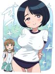  2girls arms_behind_back black_hair blue_buruma blush_stickers breasts brown_hair buruma commentary_request covered_nipples cropped_legs gundam gundam_gquuuuuux gym highres ketsumoa large_breasts mature_female multiple_girls shiiko_sugai shirt short_hair smile sportswear standing sweat white_shirt 
