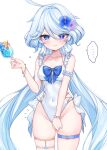  1girl absurdres ahoge alternate_costume armband blue_bow blue_eyes blue_flower blue_hair blue_pupils blush bow bracelet breasts closed_mouth collarbone commentary_request covered_navel covering_crotch covering_privates cowboy_shot cup drop-shaped_pupils flower frilled_armband frills furina_(genshin_impact) genshin_impact hair_between_eyes hair_flower hair_ornament hand_up heterochromia highleg highleg_one-piece_swimsuit highres holding holding_cup ineka_ka jewelry long_hair looking_at_viewer medium_breasts multicolored_hair one-piece_swimsuit pearl_bracelet purple_flower side-tie_one-piece_swimsuit simple_background skindentation solo streaked_hair sweat swimsuit symbol-shaped_pupils thigh_strap very_long_hair white_armband white_background white_hair white_one-piece_swimsuit 