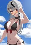  1girl :d absurdres adjusting_hair bikini black_bikini blue_sky bow breasts cloud commentary day grey_hair highres hololive large_breasts long_hair multicolored_hair navel outdoors plaid_bow red_bow revision sakamata_chloe sasasa11070 sky smile solo stomach streaked_hair swimsuit upper_body very_long_hair virtual_youtuber 