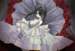  1girl ame-chan_(needy_girl_overdose) background_request black_eyes black_hair breasts cleavage cleavage_cutout clothing_cutout collarbone cowboy_shot dress flower flower_necklace frilled_dress frills hair_ornament hair_over_one_eye hands_on_lap looking_at_viewer lying needy_girl_overdose on_back on_ground pao_(i_loxe_u) short_twintails sidelocks solo twintails white_dress x_hair_ornament 