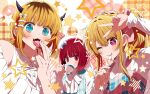  3girls 4b-enpitsu :3 arima_kana b-komachi_(new) beret blonde_hair blue_bow blue_eyes blush bow bowtie commentary cup dress fang food hand_up hat highres holding holding_cup horns hoshino_ruby long_hair macaron memcho multicolored_hair multiple_girls one_eye_closed open_mouth oshi_no_ko pinafore_dress pink_dress pink_eyes red_eyes red_hair roots_(hair) shirt short_hair sidelocks sleeveless sleeveless_dress star-shaped_pupils star_(symbol) symbol-shaped_pupils w white_bow white_bowtie white_hat white_shirt 
