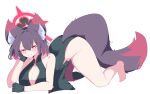  1girl absurdres all_fours alternate_costume alternate_hair_length alternate_hairstyle amebrew animal_ear_fluff animal_ears bare_legs bare_shoulders barefoot black_hair blue_archive blush breasts china_dress chinese_clothes cleavage colored_inner_hair dress fox_ears fox_girl fox_tail gloves green_dress green_gloves grin hair_between_eyes hand_on_own_face highres large_breasts looking_at_viewer medium_hair multicolored_hair red_hair sidelocks smile solo tail top-down_bottom-up wakamo_(blue_archive) 