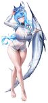  1girl absurdres anklet bikini bikini_under_clothes blue_bikini blue_eyes blue_hair blush braid breasts cleavage fish goddess_of_victory:_nikke goggles goggles_on_head helm_(aqua_marine)_(nikke) helm_(nikke) highres huge_breasts jewelry long_hair long_sleeves looking_at_viewer marlin_(fish) multi-strapped_bikini_bottom murabana44 naval_jacket navel no_pants official_alternate_costume ponytail see-through_clothes see-through_shirt shirt snorkel snorkel_mask solo stomach swimsuit thighs wet wet_clothes wet_jacket wet_shirt 