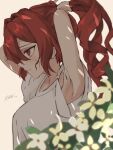  1girl armpit_focus armpits blurry blurry_foreground blush depth_of_field drill_hair from_side hair_between_eyes hashtag-only_commentary highres kasane_teto profile ramie_li red_eyes red_hair shirt signature solo sweatdrop twin_drills tying_hair utau white_shirt 