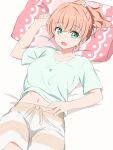  1girl bed_sheet blue_eyes blue_shirt breasts brown_hair hair_up hand_on_own_stomach head_on_pillow hinoshita_kaho link!_like!_love_live! long_hair looking_to_the_side love_live! lying masaki_(masakinariya) medium_breasts midriff_peek navel on_back on_bed pillow ponytail shirt shorts smile 