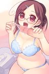  arima_senne bad_id bad_pixiv_id blue_bra blue_panties bow bow_bra bow_panties bra breasts brown_eyes brown_hair censored cleavage condom condom_on_penis disembodied_penis fang glasses hair_ornament hairpin kashiwamochi_yomogi lace lace-trimmed_bra large_breasts lingerie original panties penis plump solo_focus underwear underwear_only 