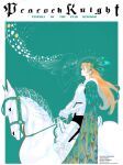  2girls absurdres armor blonde_hair cape english_text finger_to_another&#039;s_mouth from_side green_background green_cape highres horseback_riding long_hair looking_at_another multiple_girls original peacock_feathers peacock_print plate_armor riding v.58_(caballero58) white_horse 