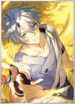  1boy antenna_hair arm_belt asymmetrical_sleeves belt black_belt black_gloves blue_eyes blue_pants collarbone fingerless_gloves gloves grey_shirt hadanugi_dousa hair_between_eyes highres honkai:_star_rail honkai_(series) looking_at_viewer male_focus note official_alternate_costume official_art pants parted_lips phainon_(a_dream_scented_in_wheat)_(honkai:_star_rail) phainon_(honkai:_star_rail) shirt short_sleeves smile solo third-party_source white_hair white_shirt yellow_pupils 