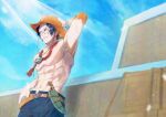  1boy belt black_hair blue_sky closed_mouth commentary_request elbow_pads freckles gunjo_shizuko hand_on_own_hat hat highres jewelry log_pose looking_to_the_side male_focus necklace one_piece orange_belt orange_hat outdoors pearl_necklace portgas_d._ace short_hair shorts single_elbow_pad sky smile solo topless_male twitter_username 