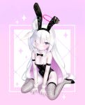  1girl animal_ear_hairband animal_ears black_bow black_bowtie black_hairband black_leotard blue_archive bow bowtie braid breasts cementite colored_inner_hair detached_collar fake_animal_ears fishnet_thighhighs fishnets grey_eyes hair_over_one_eye hairband halo highleg highleg_leotard highres leotard long_hair looking_at_viewer multicolored_hair nipples pink_hair plana_(blue_archive) playboy_bunny rabbit_ear_hairband rabbit_ears red_halo red_pupils single_braid small_breasts strapless strapless_leotard thighhighs traditional_bowtie very_long_hair white_hair 
