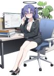  1girl absurdres between_breasts black_halo black_skirt blue_archive book book_stack breasts business_suit chair collared_shirt dhrmawk159 hair_between_eyes halo high_heels highres id_card large_breasts long_hair looking_at_viewer mechanical_halo miniskirt monitor office_chair office_lady partially_unbuttoned plant potted_plant purple_eyes purple_hair red_pupils shirt sitting skirt skirt_suit solo suit swivel_chair two_side_up white_shirt yuuka_(blue_archive) 