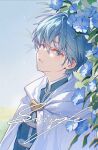  1boy absurdres blue_eyes blue_hair cloak cloudyman grey_shirt hair_between_eyes highres mole mole_under_eye parted_lips shirt short_hair solo sousou_no_frieren white_cloak 