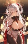  1girl absurdres aerial_fireworks against_railing alternate_breast_size black_collar black_pantyhose breasts cleavage closed_mouth collar commentary covered_navel cowboy_shot dkxlek dress fireworks hair_between_eyes hair_ornament hand_up highres hip_vent honkai_(series) honkai_impact_3rd huge_breasts lantern light_blush long_hair looking_at_viewer night night_sky ocean orange_eyes outdoors pantyhose pelvic_curtain railing sky smile solo theresa_apocalypse theresa_apocalypse_(luna_kindred) theresa_apocalypse_(lunar_vow:_crimson_love) theresa_apocalypse_(redolent_in_red) two_side_up very_long_hair white_dress white_hair 