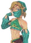  1boy blue_eyes collarbone crossdressing detached_sleeves fingerless_gloves gerudo_set_(zelda) gloves link looking_at_viewer male_focus mcbuckwheat midriff one_eye_closed pointy_ears solo the_legend_of_zelda the_legend_of_zelda:_breath_of_the_wild toned toned_male 