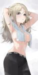  1girl absurdres armpits arms_up black_leggings blonde_hair breasts covered_nipples gakuen_idolmaster hands_in_pockets highres idolmaster juo_sena large_breasts leggings long_hair looking_at_viewer multicolored_hair navel pink_hair solo stomach straight_hair streaked_hair sweat tami2004 topless_female towel towel_around_neck two-tone_hair 