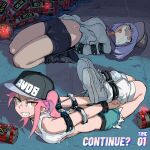  2girls absurdres arms_behind_back asahina_yoko bare_shoulders bdsm belt blue_eyes blue_jacket bomb bondage boots bound bound_arms bound_legs bruise bruise_on_arm bruise_on_knee bruise_on_leg cape clenched_teeth clothes_lift crop_top crying crying_with_eyes_open cuffs explosive handcuffs highres hogtie injury jacket jacket_lift looking_at_viewer looking_up loose_socks lying medium_hair midriff_peek multiple_girls mush navel nitro_express on_back on_stomach pink_hair pixel_art purple_hair restrained shibari shibari_over_clothes side_ponytail sidelocks socks stomach tears teeth white_socks yagyo_tamaki yellow_eyes 