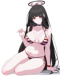  1girl alternate_costume arm_support bare_legs bare_shoulders bikini black_choker black_hair black_halo blue_archive blunt_bangs blush breasts choker closed_eyes collarbone covered_nipples full_body halo halterneck highres large_breasts long_hair looking_at_viewer mechanical_halo multiple_expressions multiple_views navel purple_eyes red_bikini red_eyes reia_76 rio_(blue_archive) side-tie_bikini_bottom simple_background sitting smile solo stomach straight_hair strap_lift string_bikini striped_bikini striped_clothes swimsuit thighs very_long_hair white_background white_bikini wristband yokozuwari 