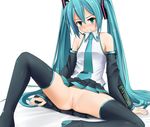 angry aqua_eyes aqua_hair blush boots detached_sleeves eto hatsune_miku headset long_hair necktie no_panties pussy simple_background sitting skirt solo spread_legs sweat tears thigh_boots thighhighs twintails uncensored very_long_hair vocaloid 