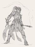  1girl alpyro armor artist_name belt belt_buckle belt_pouch buckle casting_spell commentary cuirass cuisses dragon_print elden_ring english_commentary full_body gauntlets greaves high_ponytail highres holding holding_sword holding_wand holding_weapon legs_apart lineart magic monochrome pauldrons poleyn ponytail pouch rerebrace sabaton scar scar_on_face short_hair shoulder_armor shoulder_spikes solo spiked_armor spiked_pauldrons spikes standing sword tarnished_(elden_ring) wand weapon 