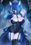 absurd_res anthro black_nose blue_body blue_clothing blue_eyes blue_fur blue_hair blue_legwear blue_tail bracelet canid canine clothed clothing collar eyelashes female female_anthro front_view fur hair hi_res jewelry legwear long_hair looking_at_viewer mammal multicolored_hair narrowed_eyes portrait shermugi smile solo spiked_bracelet spiked_collar spiked_legwear spikes tail three-quarter_portrait two_tone_hair white_body white_fur white_hair white_tail