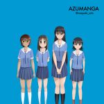  4girls absurdres album_cover_redraw azumanga_daioh azumanga_daioh&#039;s_school_uniform black_eyes black_hair black_socks blue_shirt blue_skirt breasts brown_eyes brown_hair closed_mouth commentary derivative_work english_commentary feet_out_of_frame flat_chest highres kagura_(azumanga_daioh) kasuga_ayumu looking_at_viewer medium_breasts multiple_girls naoyuki_arts sakaki_(azumanga_daioh) school_uniform serafuku shirt short_sleeves simple_background skirt smile socks takino_tomo weezer_(band) weezer_(blue_album) white_socks 