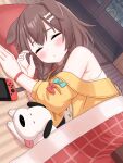  animal_ears arasaka_chiharu armpit_crease blush bone_hair_ornament closed_eyes closed_mouth commentary_request dog_ears dog_girl dutch_angle facing_viewer hair_ornament highres hololive hoso-inu indoors inugami_korone inugami_korone_(1st_costume) listener_(inugami_korone) lying nintendo_switch off_shoulder on_floor on_side pillow sleeping tatami tongue tongue_out under_covers upper_body window wristband 