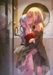  2girls absurdres bang_dream! bang_dream!_it&#039;s_mygo!!!!! bathroom black_dress black_gloves black_shorts black_skirt blonde_hair blue_hair blush bra chinese_commentary clothing_cutout commentary_request doloris_(bang_dream!) dress eye_contact fingering french_kiss gloves hand_in_another&#039;s_hair highres kiss long_hair looking_at_another medium_hair mirror misumi_uika multiple_girls oblivionis_(bang_dream!) purple_eyes red_bra red_shirt reflection shannon_natural shirt shorts shoulder_cutout skirt togawa_sakiko two_side_up underwear yellow_eyes yuri 