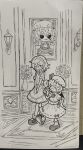  2girls absurdres apron ascot bat_wings braid closed_eyes closed_mouth collared_shirt commentary_request flandre_scarlet fumo_(doll) greyscale hat hat_ribbon highres index_finger_raised indoors izayoi_sakuya maid maid_headdress mob_cap monochrome multiple_girls open_mouth own_hands_together painting_(object) photo_(medium) puffy_short_sleeves puffy_sleeves remilia_scarlet ribbon shirt shoes short_sleeves skirt smile socks split_mouth suteruko touhou traditional_media twin_braids waist_apron walking wings 