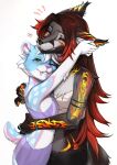 absurd_res anthro big_fangs black_nose blue_body blue_fur bridge_piercing canid canine clothed clothing duo ear_piercing ear_ring eyes_closed facial_piercing fangs felid female female_anthro fur glistening glistening_eyes green_eyes grey_body grey_fur grin hair hi_res hug long_hair mammal markings multiple_piercings nose_piercing nose_ring nostril_ring orange_markings piercing pink_markings pink_nose red_hair ring_piercing shermugi short_hair simple_background smile teeth white_background white_body white_fur white_hair white_markings yellow_markings