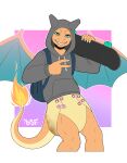 2_horns 5_fingers abstract_background anthro artist_logo backpack baxter_blaze blue_backpack blue_body blue_eyes blue_skin blue_wings bulging_diaper carrying_another charizard claws cloth_diaper clothed clothing countershading darksidefighter diaper diaper_bulge diaper_fastener diaper_fetish diaper_use digital_drawing_(artwork) digital_media_(artwork) draconic dragon dragon_tail eyebrow_ridge fan_character fastener feces finger_claws fingers fire flaming_tail front_view furgonomic_diaper furgonomic_hoodie furgonomic_topwear furgonomics generation_1_pokemon gesture glistening glistening_body glistening_eyes gradient_background grey_clothing grey_hoodie grey_topwear grin grinning_at_viewer hand_gesture head_horn hi_res holding_object holding_skateboard hood_up hoodie horn humanoid_hands laid_back logo male membrane_(anatomy) membranous_wings multicolored_body multicolored_scales multicolored_skin mythological_creature mythological_scalie mythology nintendo object_on_shoulder on_shoulder orange_body orange_face orange_hands orange_legs orange_scales orange_skin orange_snout orange_tail orange_wings pink_background pink_diaper_fastener pink_fastener pokemon pokemon_(species) pokemorph portrait purple_background reptile scales scalie sharp_teeth simple_background skateboard smile soiled_diaper solo tail tan_body tan_cloth_diaper tan_countershading tan_scales tan_tail teeth three-quarter_portrait three-quarter_view toothy_grin topwear unclean_diaper used_diaper v_sign vehicle wearing_diaper white_background white_claws white_diaper_faster white_fastener white_finger_claws wings
