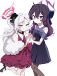  2girls bare_shoulders blue_archive closed_mouth dress earrings fur_shawl hair_between_eyes half-closed_eyes halo haruka_(blue_archive) haruka_(dress)_(blue_archive) holding_hands interlocked_fingers jewelry leg_up long_hair looking_at_viewer multiple_girls mutsuki_(blue_archive) mutsuki_(dress)_(blue_archive) picopico_hanma pointy_ears purple_dress purple_eyes purple_hair purple_halo red_dress red_halo shawl simple_background sleeveless sleeveless_dress smile white_background 