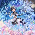  1girl :d absurdres animal_ears black_hair black_tail black_thighhighs blue_necktie brooch bug butterfly copyright_notice crown dot_nose full_body gold_crown heart heart-shaped_gem heart_brooch highres holding holding_microphone hololive jewelry long_hair long_sleeves looking_at_viewer microphone midriff miniskirt mismatched_thighhighs multicolored_hair multicolored_necktie navel necktie official_alternate_costume official_alternate_hairstyle official_art ookami_mio open_mouth pleated_skirt purple_necktie red_hair side_part skirt smile solo streaked_hair thighhighs two-tone_shirt two-tone_skirt virtual_youtuber white_thighhighs wolf_ears wolf_girl yellow_eyes yuyuharu_1027 