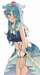  1girl :3 absurdres alternate_costume aqua_eyes aqua_sailor_collar asymmetrical_bangs asymmetrical_sidelocks bead_bracelet beads bike_shorts bike_shorts_under_skirt blue_dress blue_eyes blue_hair blue_nails blue_sailor_collar blue_shorts blue_wings bow bowing bowtie bracelet breasts chest_bow cleavage closed_mouth clothing_cutout collarbone colored_tips commentary cowboy_shot criss-cross_straps cross-shaped_pupils crown curtsey dot_nose dress dress_bow elira_pendora english_commentary eyebrows_hidden_by_hair fingernails flower frilled_dress frilled_sailor_collar frills fur-trimmed_dress fur_trim gold_crown gold_trim gradient_clothes gradient_dress hair_flower hair_ornament hair_over_one_eye hair_wings half-closed_eyes hands_on_own_thighs head_wings highres hoop_skirt jewelry karassawa large_breasts layered_dress leaning_forward legs_together long_dress long_eyelashes long_hair looking_at_viewer looking_to_the_side multicolored_dress multicolored_hair multicolored_sailor_collar narrowed_eyes navel navel_cutout nijisanji nijisanji_en own_hands_together parted_bangs pink_flower pink_rose pleated_dress print_dress purple_crown raised_eyebrows rose sailor_collar shorts showgirl_skirt sidelocks simple_background sleeveless sleeveless_dress smile solo split_mouth standing star_(symbol) star_bracelet streaked_hair symbol-shaped_pupils thick_eyelashes thighs turning_head two-tone_wings v-neck v_arms very_long_hair virtual_youtuber white_background white_bow white_bowtie white_dress white_hair white_sailor_collar white_streaks white_trim white_wings white_wrist_cuffs wings wrist_cuffs 
