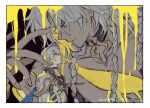  2boys antenna_hair armor artist_name black_background blue_eyes braid closed_mouth coat collarbone collared_coat commentary_request dark-skinned_male dark_skin from_side giant giant_male grey_hair hair_between_eyes hand_up high_collar highres honkai:_star_rail honkai_(series) leaning_forward long_sleeves looking_at_another looking_down looking_up mini_person multiple_boys muscular muscular_male nanook_(honkai:_star_rail) parted_bangs phainon_(honkai:_star_rail) scar scars_all_over short_hair shoulder_armor standing toramaru_(696anna) twitter_username wavy_hair yellow_blood yellow_eyes 
