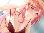  1girl adjusting_hair blush bra breasts cleavage collarbone commentary day english_commentary fingernails gradient_hair grin highres hololive hololive_english ichijou_ririka lace-trimmed_bra lace_trim large_breasts lens_flare long_hair looking_at_viewer multicolored_hair nail_polish orange_eyes orange_hair orange_nails pants pink_hair rain_lambda red_bra red_pants smile solo strap_slip teeth thighs two-tone_hair underwear underwear_only virtual_youtuber window 