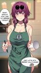  2girls absurdres apron ass barista blurry brand_name_imitation breasts cafe cameo collarbone commentary cup depth_of_field disposable_coffee_cup disposable_cup duplicate english_commentary english_text eyewear_on_head green_apron hair_between_eyes highres hinghoi holding holding_cup holding_marker honkai:_star_rail honkai_(series) iced_latte_with_breast_milk_(meme) indoors kafka_(honkai:_star_rail) large_breasts looking_at_viewer marker meme multiple_girls naked_apron pince-nez pixel-perfect_duplicate pom-pom_(honkai:_star_rail) purple_eyes purple_hair sideboob sidelocks sleeveless smile solo_focus speech_bubble starbucks stelle_(honkai:_star_rail) sunglasses trailblazer_(honkai:_star_rail) yuri 