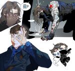  1boy 1other ? all_fours animal animal_ears belt black_belt black_bodysuit black_boots black_gloves black_mask blood blood_on_hands blue_eyes blue_jacket bodysuit boots brown_belt brown_hair bucky_barnes buttons captain_america:_the_first_avenger captain_america:_the_winter_soldier captain_america_(series) cat cat_ears cat_tail chibi clenched_hand closed_mouth commentary_request covered_mouth covering_own_mouth fingerless_gloves fingernails full_body gloves gun hand_on_own_face hand_up handgun highres holding holding_animal holding_gun holding_weapon jacket karmaho korean_commentary lapels long_sleeves looking_at_viewer looking_down male_focus marvel marvel_cinematic_universe mask military_jacket milk milk_carton mouth_mask multiple_views one_eye_closed pants pet prosthesis prosthetic_arm shoes short_hair simple_background single_glove smile speech_bubble star_(symbol) tail upper_body v-shaped_eyebrows weapon white_background white_cat winter_soldier 