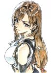  1girl absurdres breasts brown_hair crop_top earrings elbow_gloves final_fantasy final_fantasy_vii final_fantasy_vii_remake from_above gloves highres i4teruz jewelry long_hair low-tied_long_hair red_eyes solo suspenders tank_top tifa_lockhart upper_body white_tank_top 