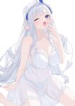  1girl ;o absurdres bare_arms bare_shoulders blue_eyes breasts cleavage collarbone covered_navel dress hand_up hashiko_nowoto headgear highres large_breasts long_hair looking_at_viewer one_eye_closed open_mouth original pointy_ears see-through_clothes see-through_dress simple_background sitting sleeveless sleeveless_dress solo very_long_hair white_background white_dress white_hair 