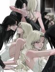  2girls arm_around_neck bare_arms bare_shoulders black_hair black_shirt blonde_hair blue_eyes closed_mouth dress eriol_s2 hand_on_another&#039;s_shoulder highres long_hair mole mole_under_eye mole_under_mouth multiple_girls original parted_lips shirt smile strapless strapless_dress white_dress yuri 