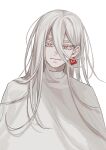  1boy albino closed_mouth colored_skin ear_tag hair_behind_ear hair_between_eyes ishida_umi long_hair long_hair_between_eyes male_focus original red_eyes robe solo upper_body white_background white_hair white_robe white_skin 